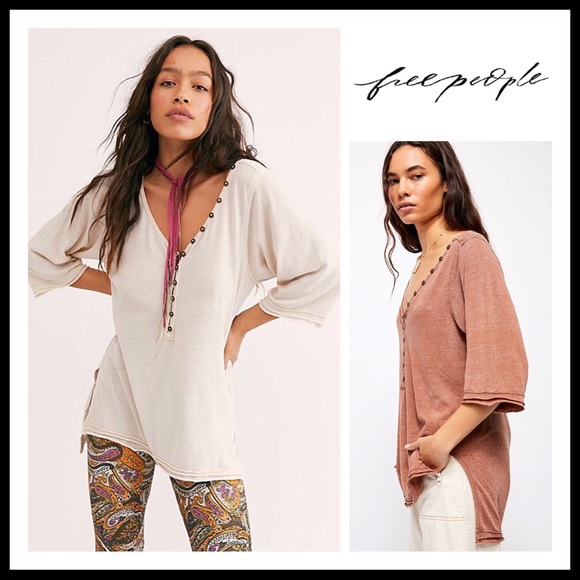 FREE PEOPLE BOHO TUNIC HENLEY TEE TOP A2C - Picture 2 of 16